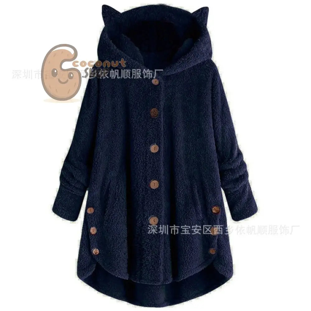 Cute Cat Ear Plush Coat - Navy Blue / M