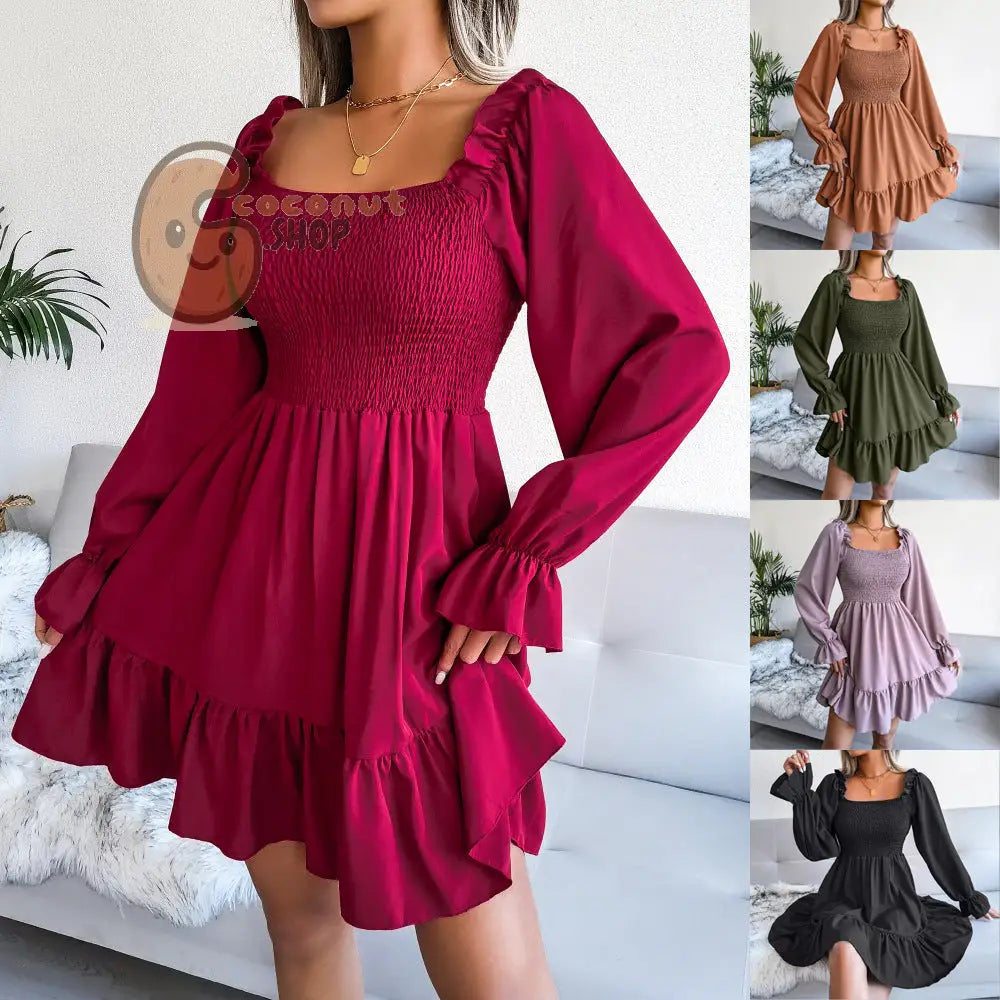 Cute Flared Sleeve Ruffle Swing Dress
