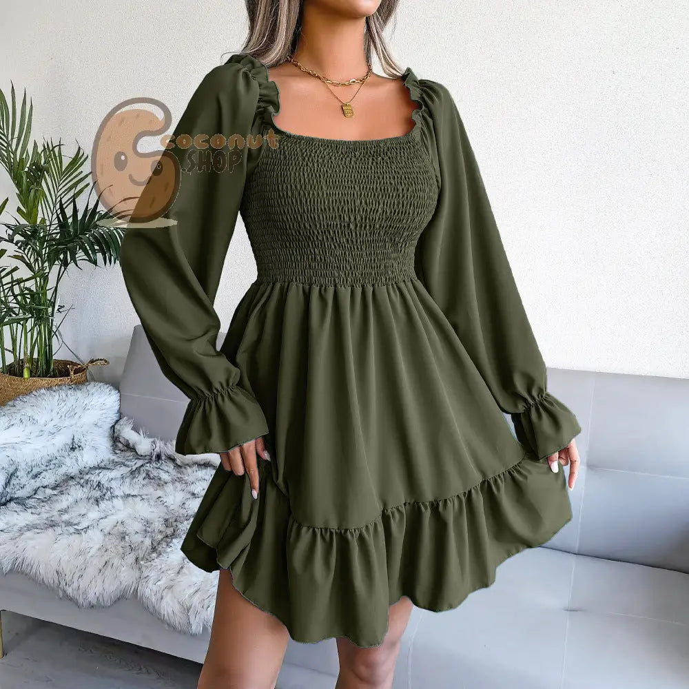 Cute Flared Sleeve Ruffle Swing Dress - Army Green / S