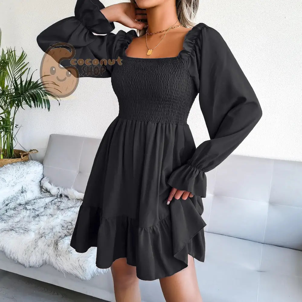 Cute Flared Sleeve Ruffle Swing Dress - Black / S