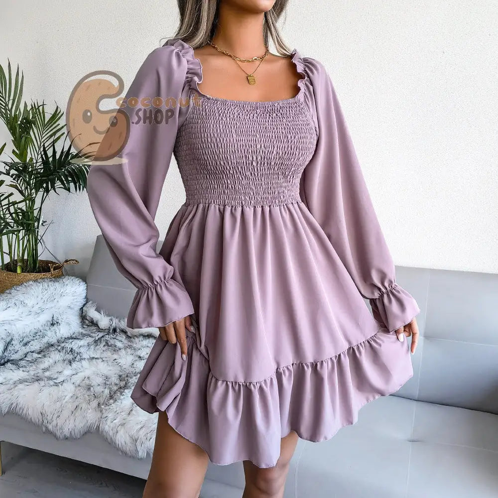 Cute Flared Sleeve Ruffle Swing Dress - Light Purple / S