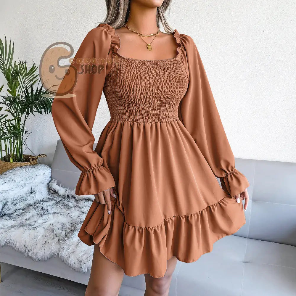 Cute Flared Sleeve Ruffle Swing Dress - Orange / S
