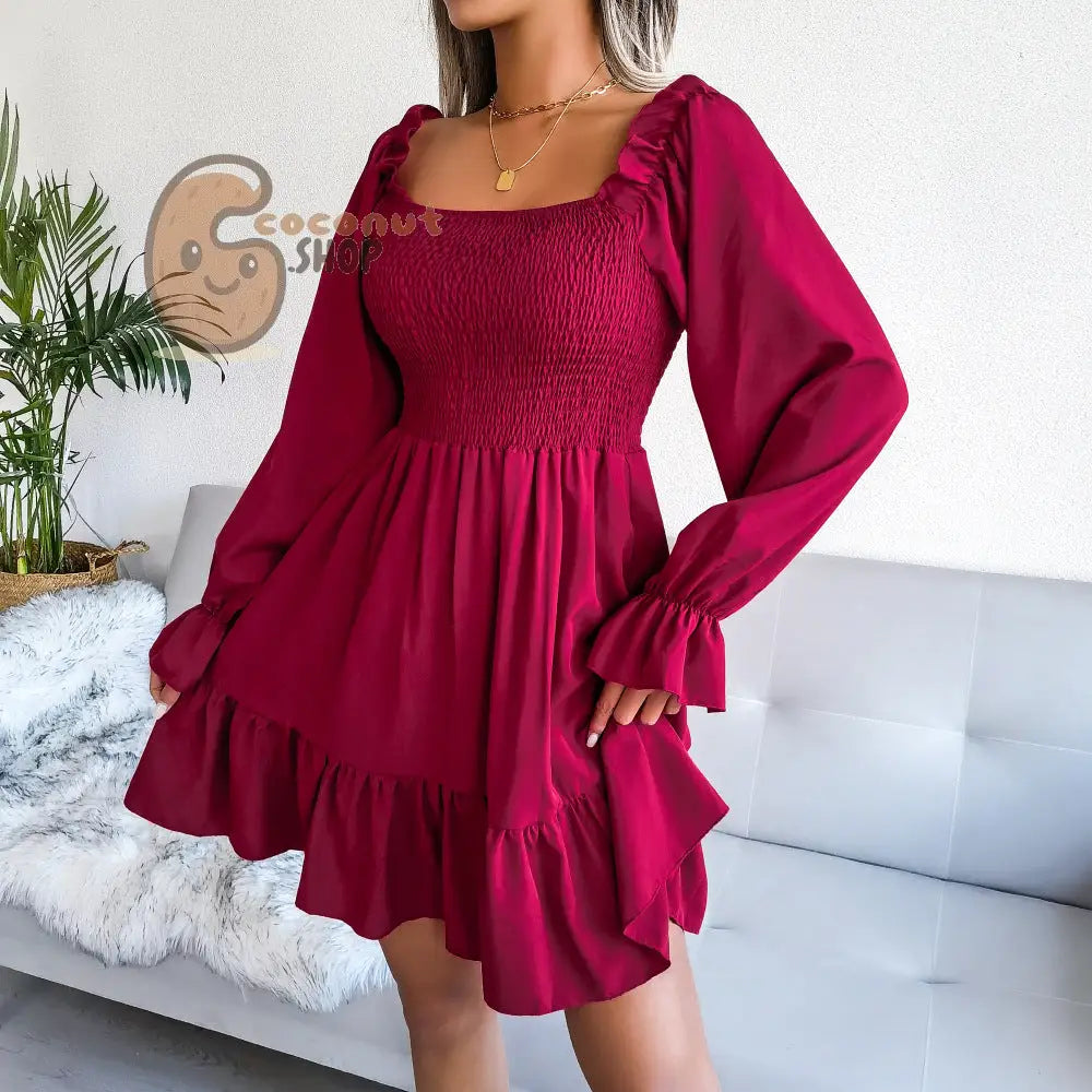 Cute Flared Sleeve Ruffle Swing Dress - Wine Red / S