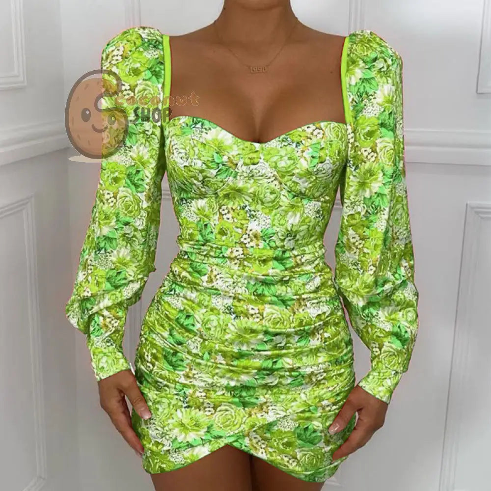 Cute Sexy Long Sleeve Slim Fit Short Dress - green / S