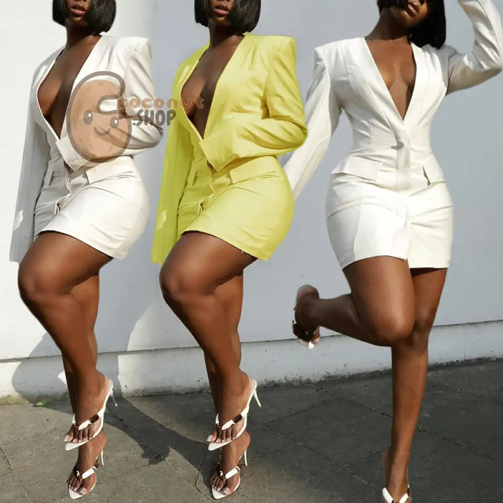 Deep V Neck Long Sleeve Slim Fit Solid Color Sexy Dress