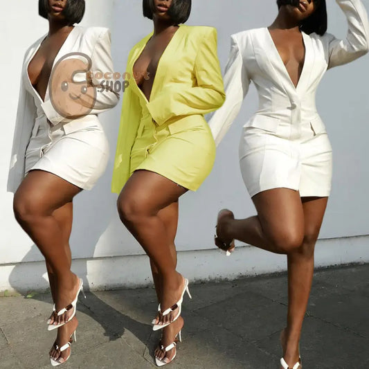 Deep V Neck Long Sleeve Slim Fit Solid Color Sexy Dress