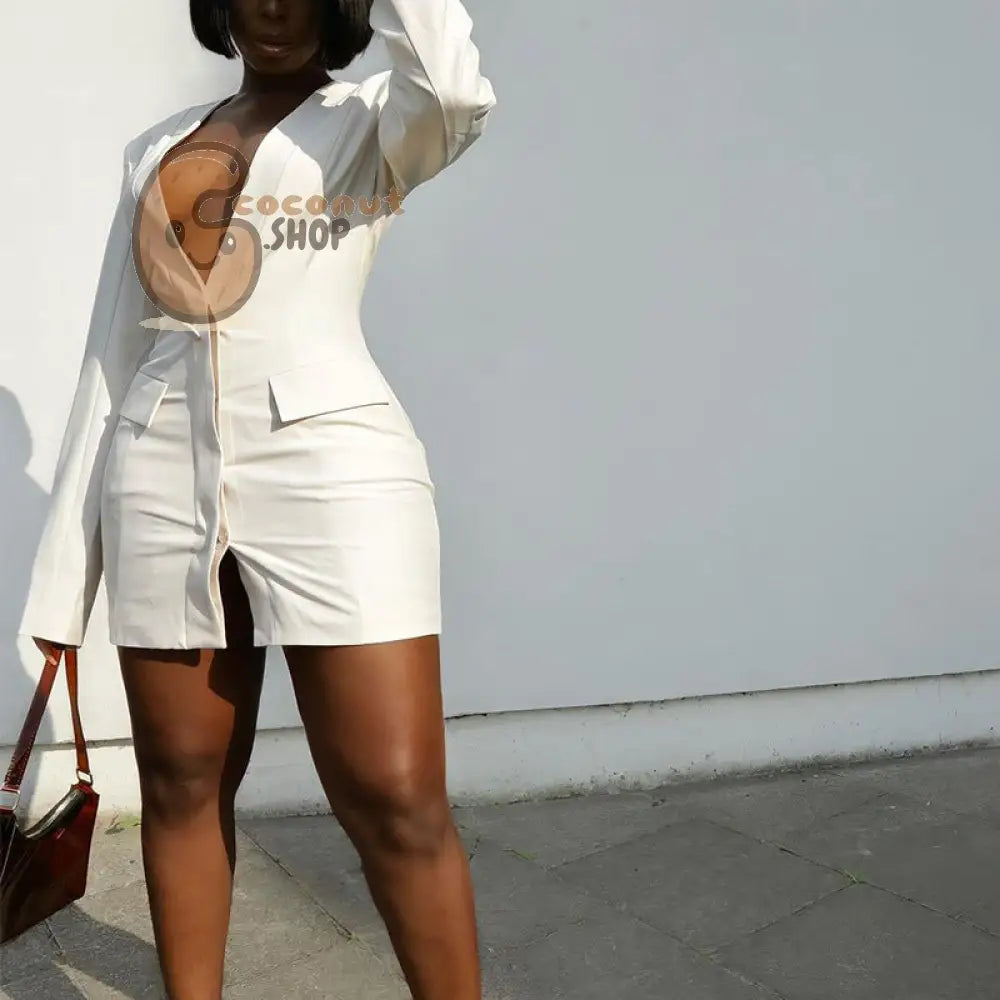 Deep V Neck Long Sleeve Slim Fit Solid Color Sexy Dress - white / S