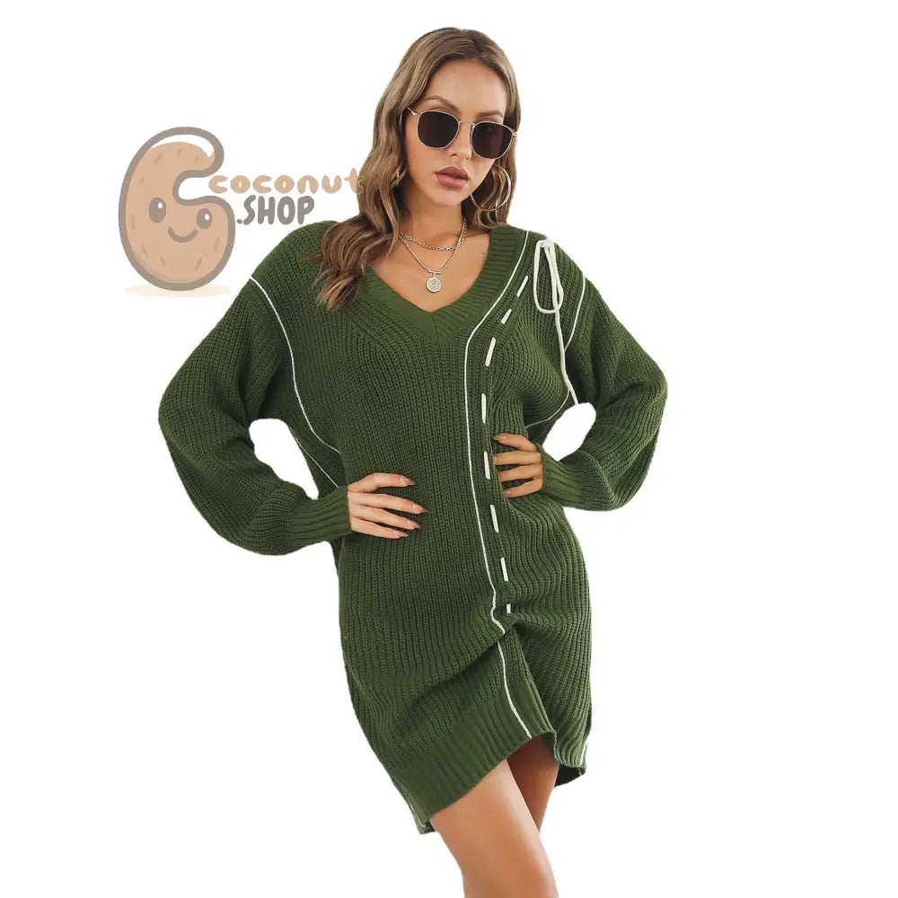 Design Sense Drawstring V-Neck Long Sleeve Sweater Dress Women’s Knitted Dress Loose Autumn And Winter New