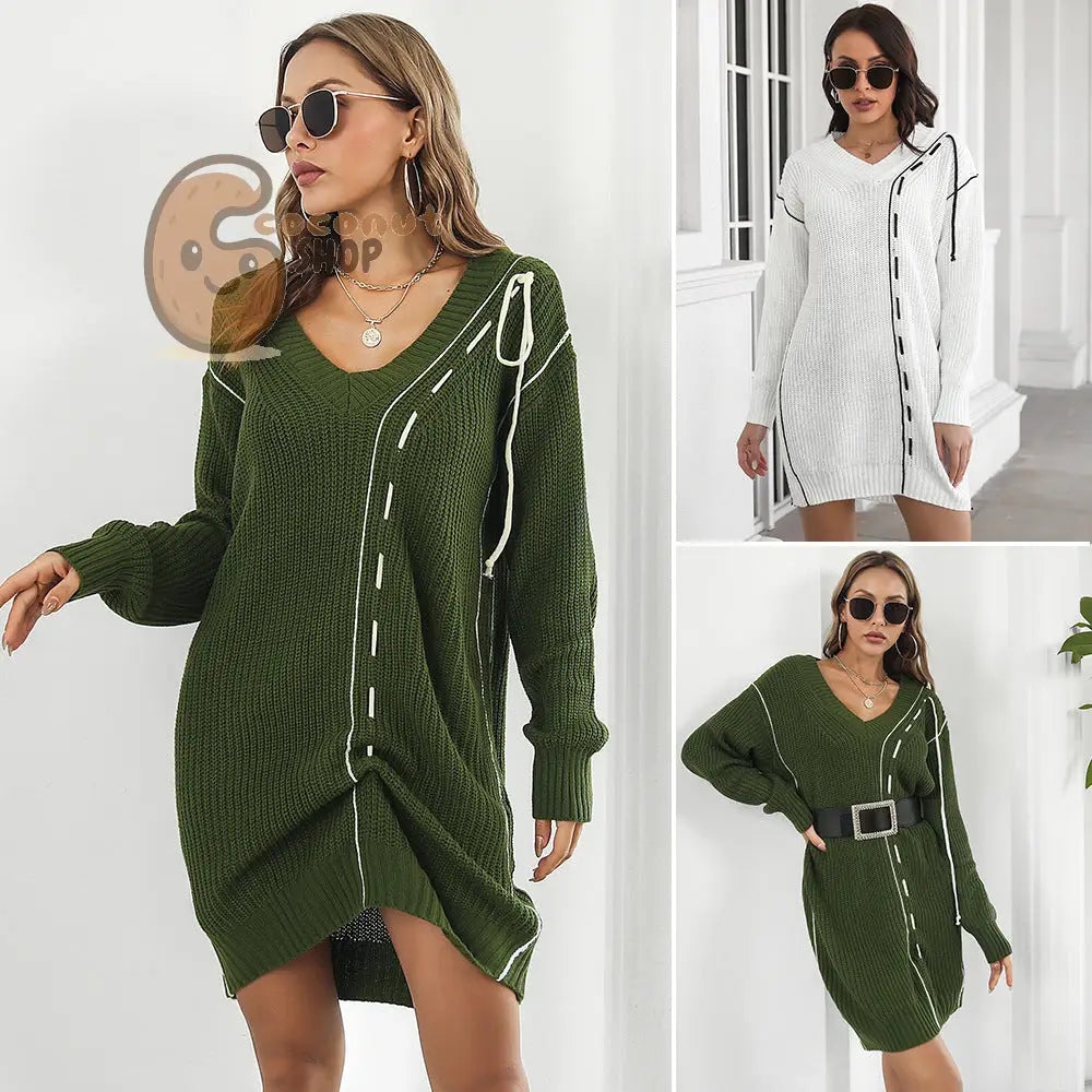 Design Sense Drawstring V-Neck Long Sleeve Sweater Dress Women’s Knitted Dress Loose Autumn And Winter New