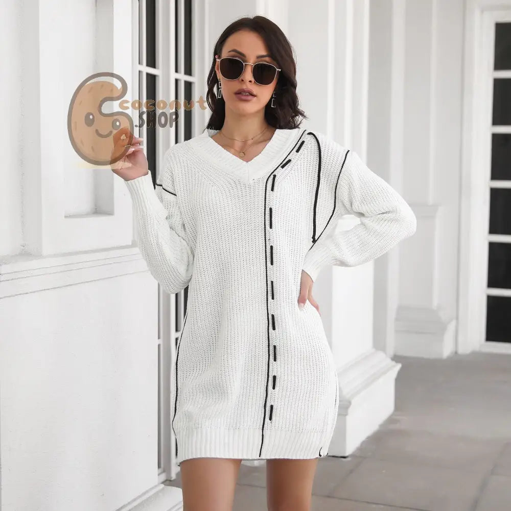 Design Sense Drawstring V-Neck Long Sleeve Sweater Dress Women’s Knitted Dress Loose Autumn And Winter New