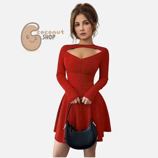 Red Cutout Long Sleeve Ruched Mini Dress