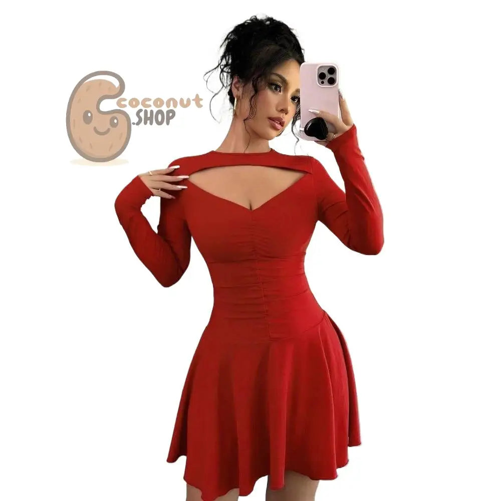 Red Cutout Long Sleeve Ruched Mini Dress