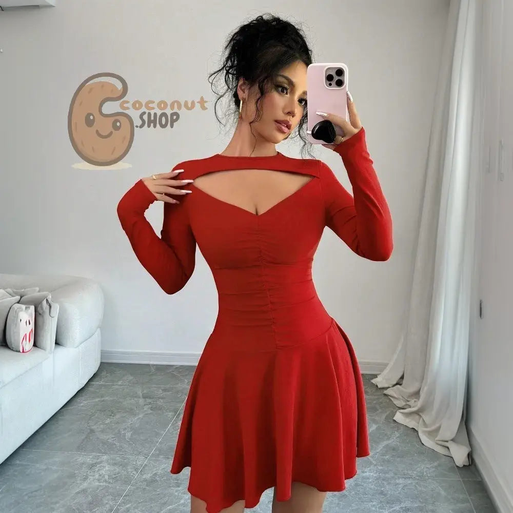 Red Cutout Long Sleeve Ruched Mini Dress
