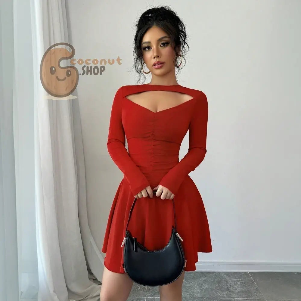 Red Cutout Long Sleeve Ruched Mini Dress