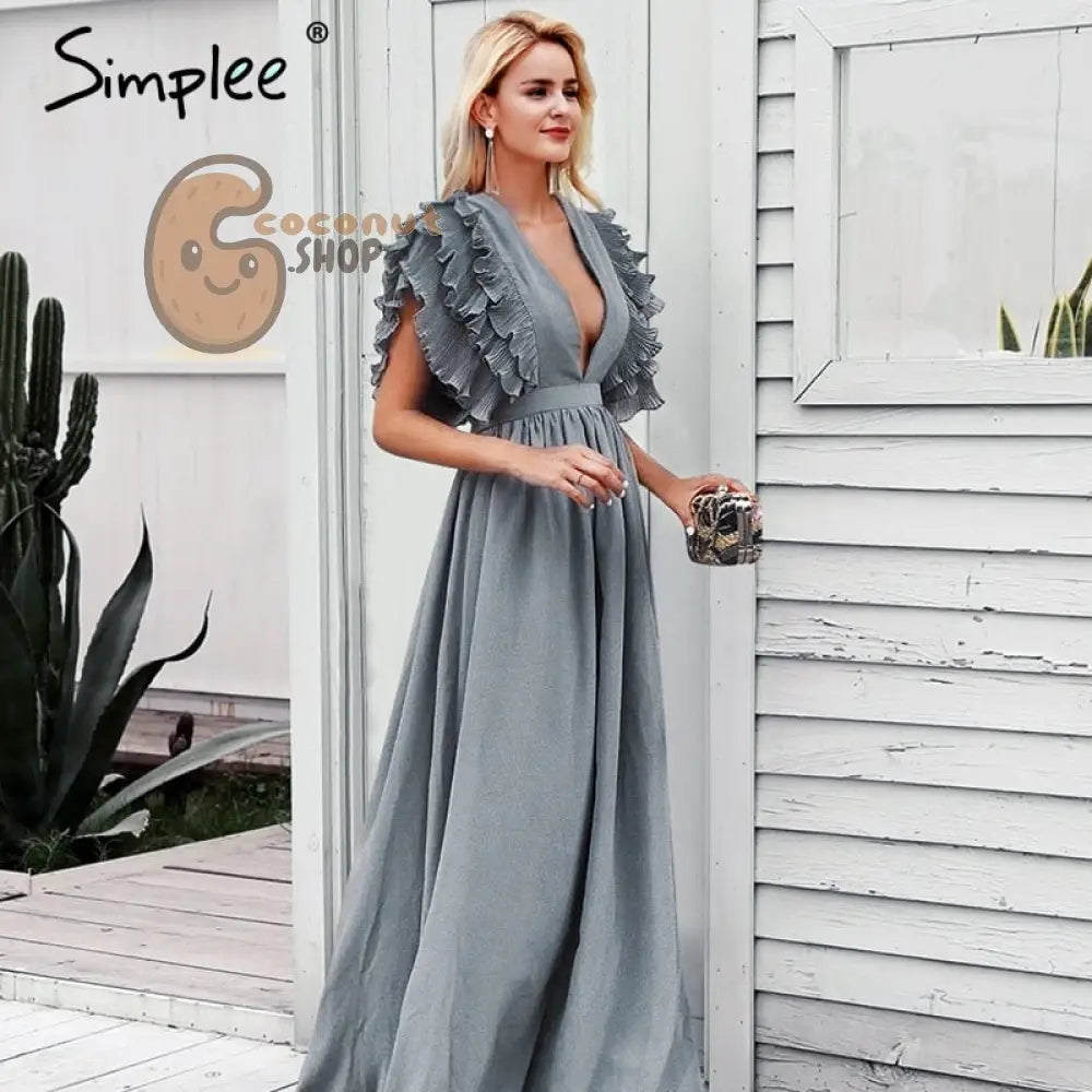 Elegant v neck long Ruffles high waist evening party dress