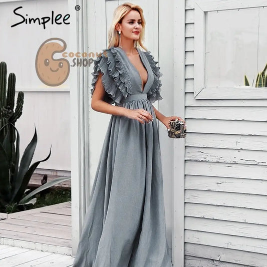 Elegant v neck long Ruffles high waist evening party dress