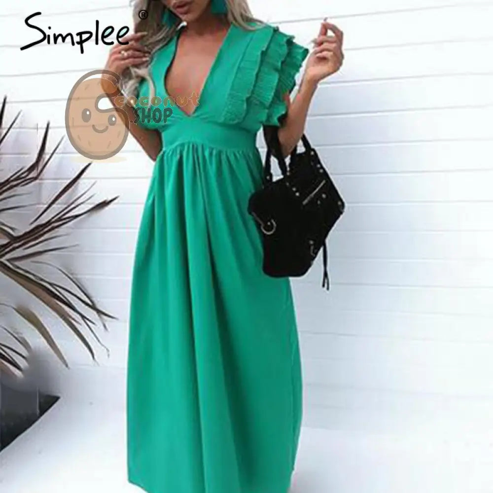 Elegant v neck long Ruffles high waist evening party dress