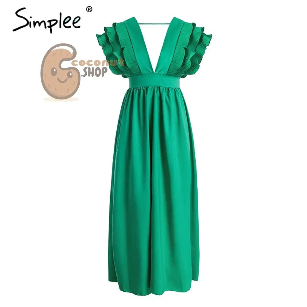 Elegant v neck long Ruffles high waist evening party dress