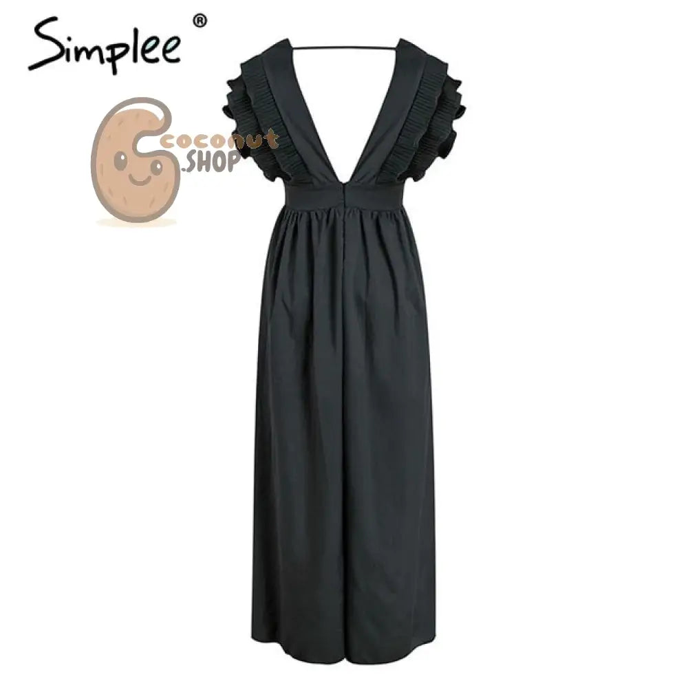 Elegant v neck long Ruffles high waist evening party dress - Black / S