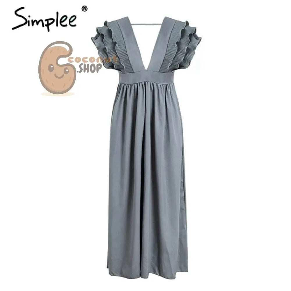 Elegant v neck long Ruffles high waist evening party dress - Gray / S