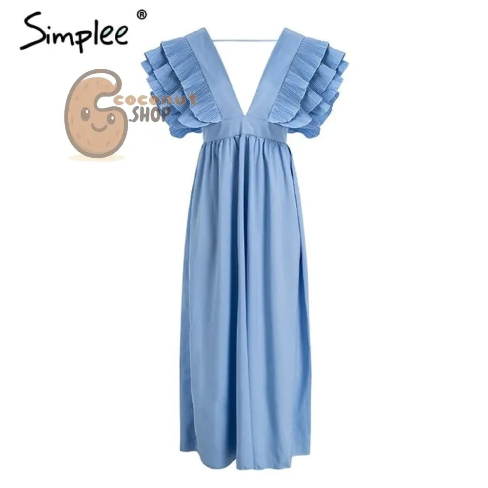 Elegant v neck long Ruffles high waist evening party dress - light blue / S