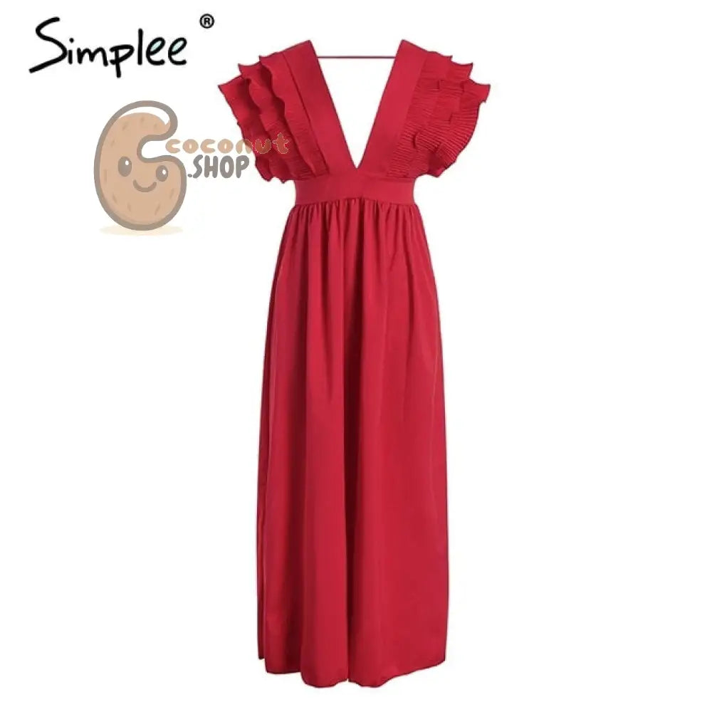 Elegant v neck long Ruffles high waist evening party dress - Red / S