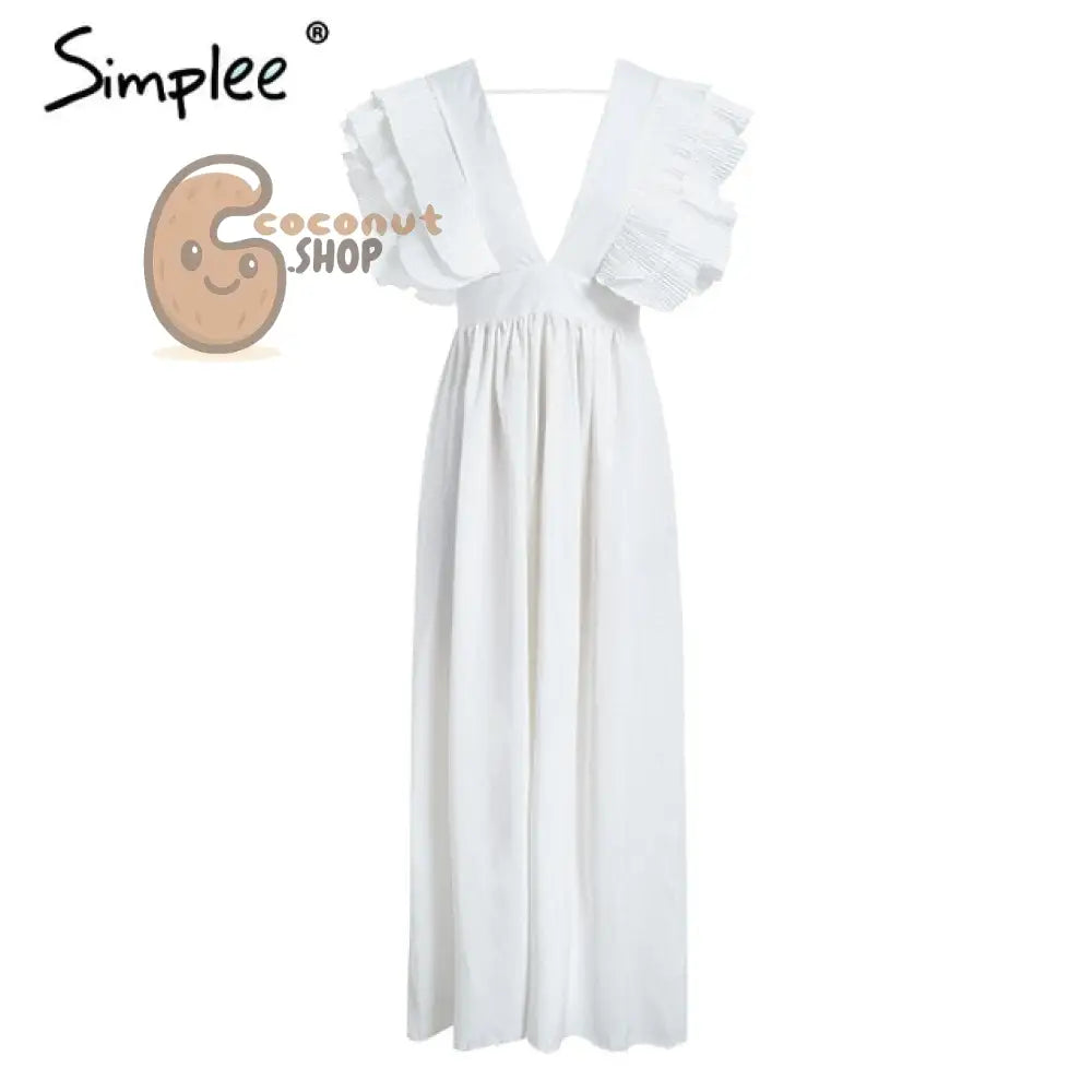 Elegant v neck long Ruffles high waist evening party dress - WHITE / S