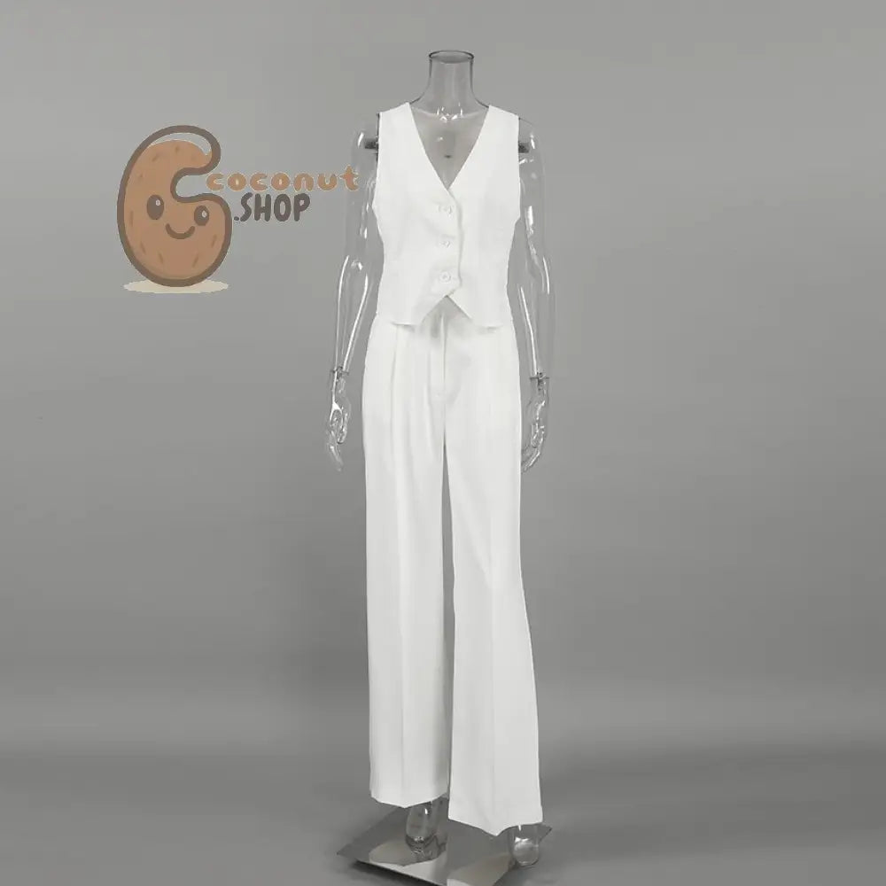 Elegant White V-Neck Sleeveless Vest and Trousers