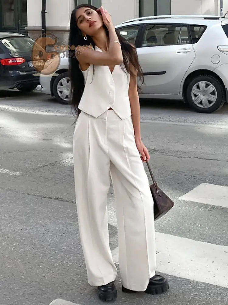 Elegant White V-Neck Sleeveless Vest and Trousers
