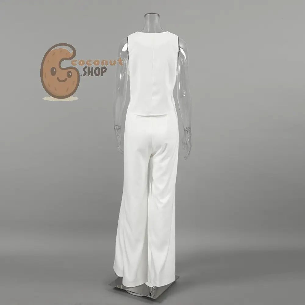 Elegant White V-Neck Sleeveless Vest and Trousers