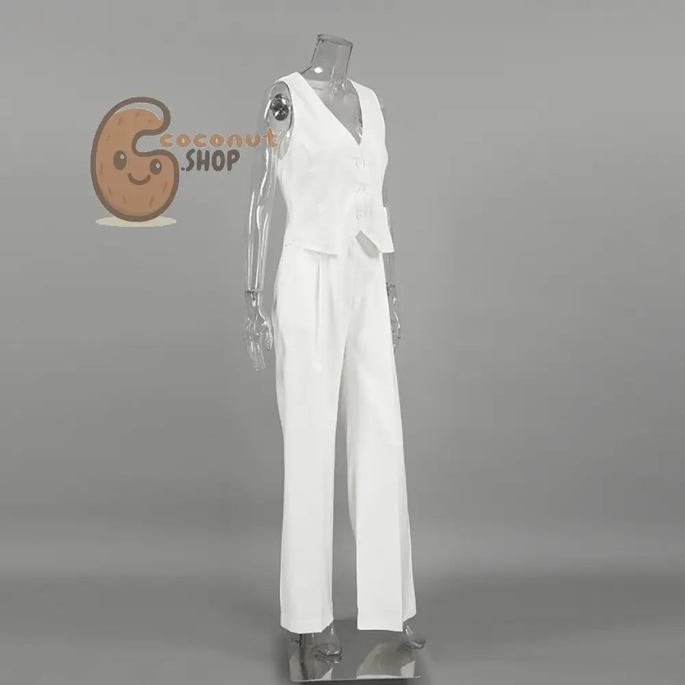 Elegant White V-Neck Sleeveless Vest and Trousers