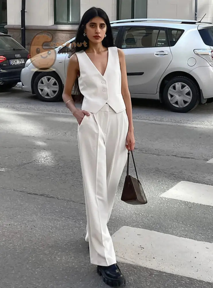Elegant White V-Neck Sleeveless Vest and Trousers