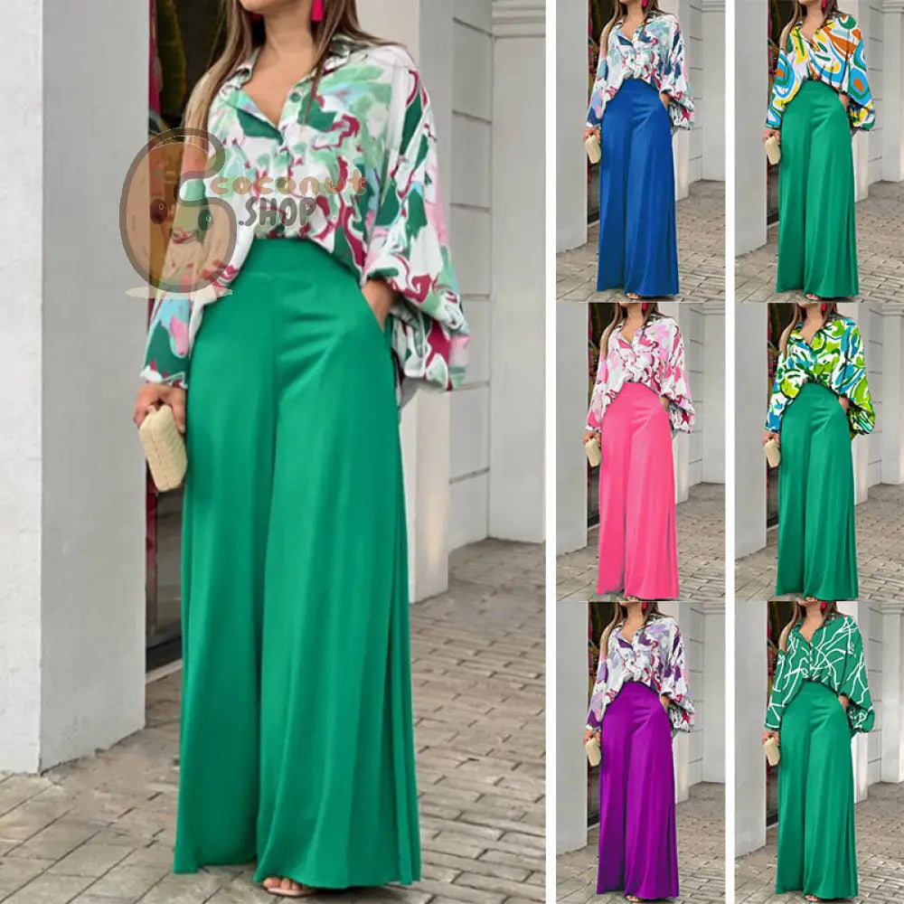 Elegant wide leg pants printed shirt casual set