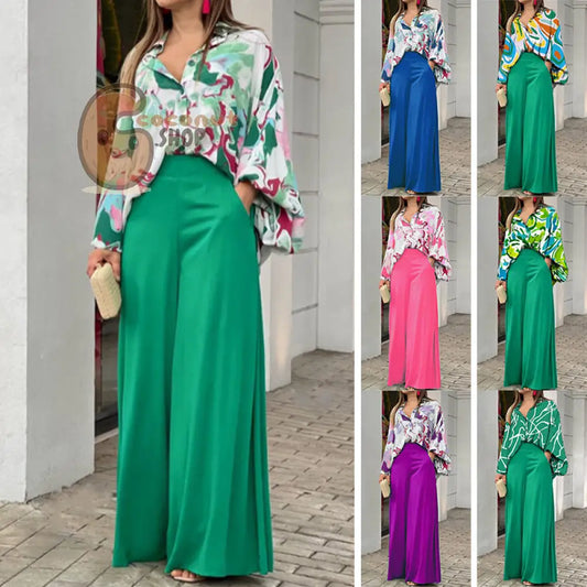 Elegant wide leg pants printed shirt casual set