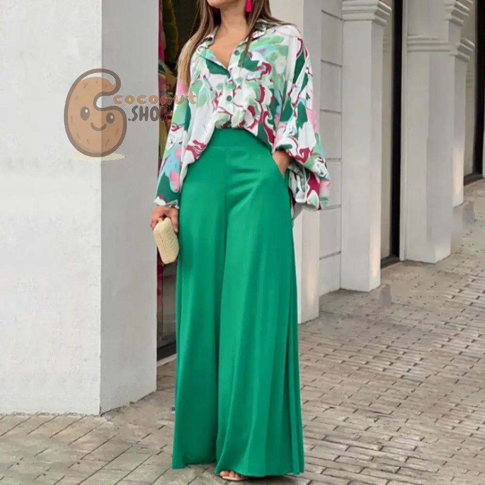 Elegant wide leg pants printed shirt casual set