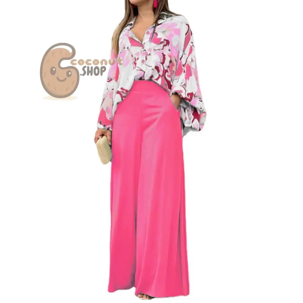Elegant wide leg pants printed shirt casual set