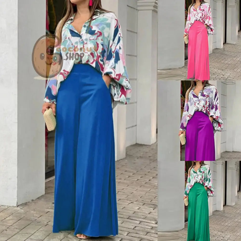 Elegant wide leg pants printed shirt casual set
