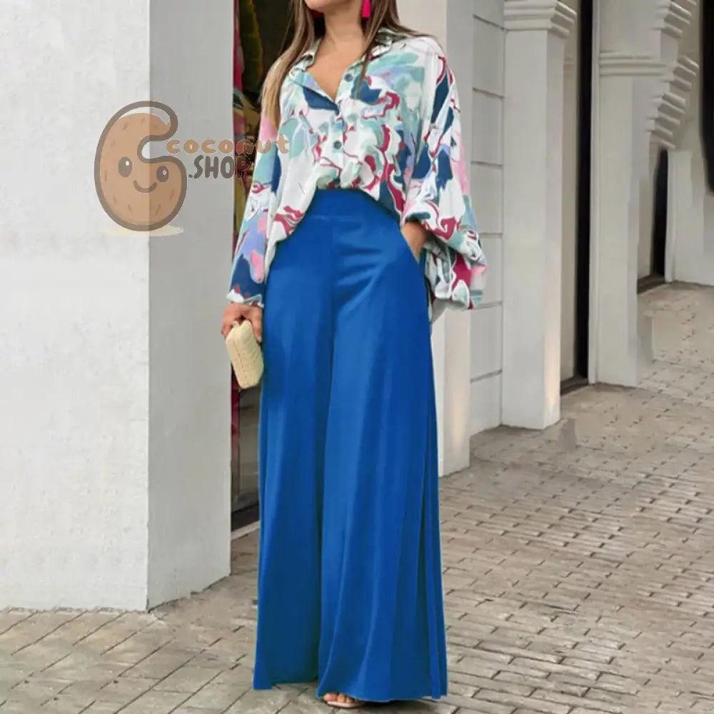Elegant wide leg pants printed shirt casual set - Blue / S