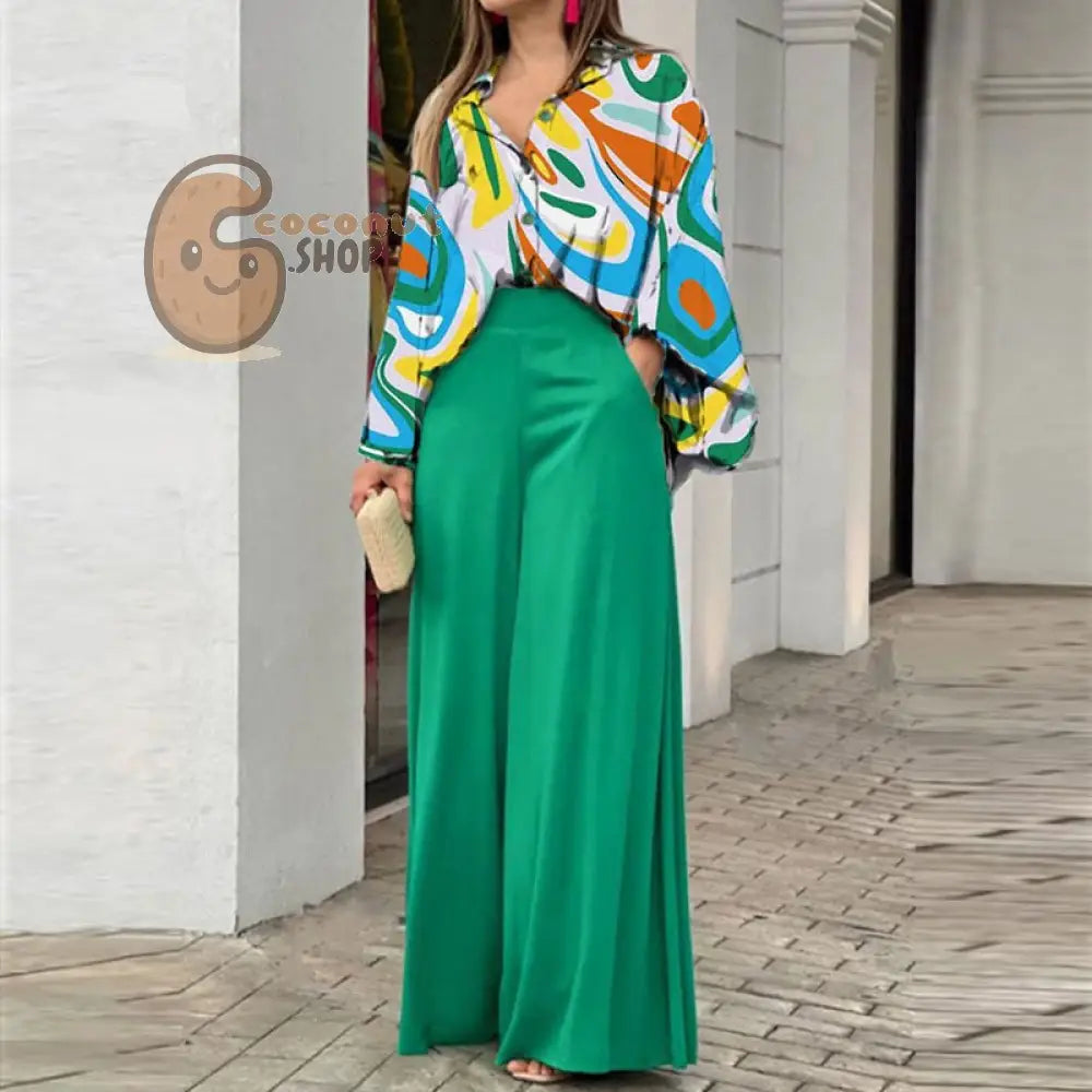 Elegant wide leg pants printed shirt casual set - Chartreuse / S