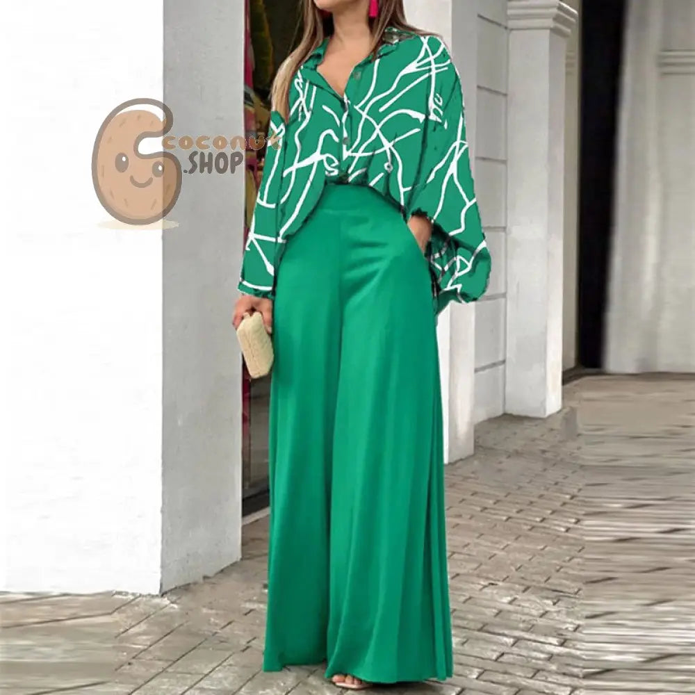 Elegant wide leg pants printed shirt casual set - Light Green / S