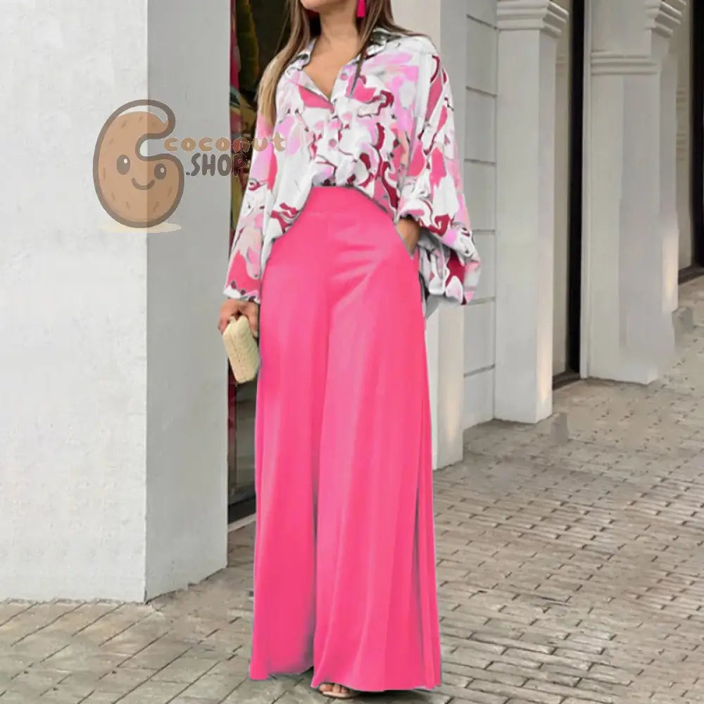 Elegant wide leg pants printed shirt casual set - Pink / S