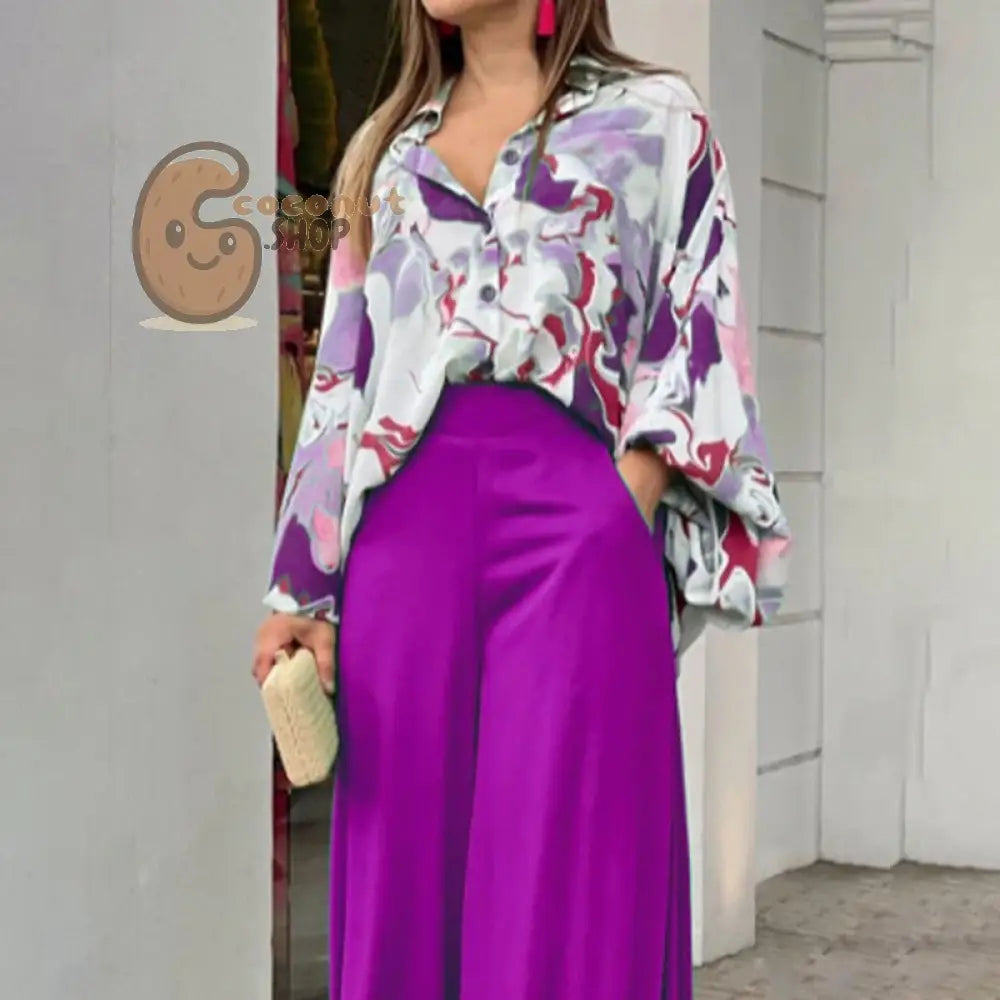 Elegant wide leg pants printed shirt casual set - Purple / S