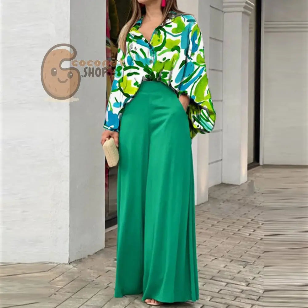 Elegant wide leg pants printed shirt casual set - Turquoise / S