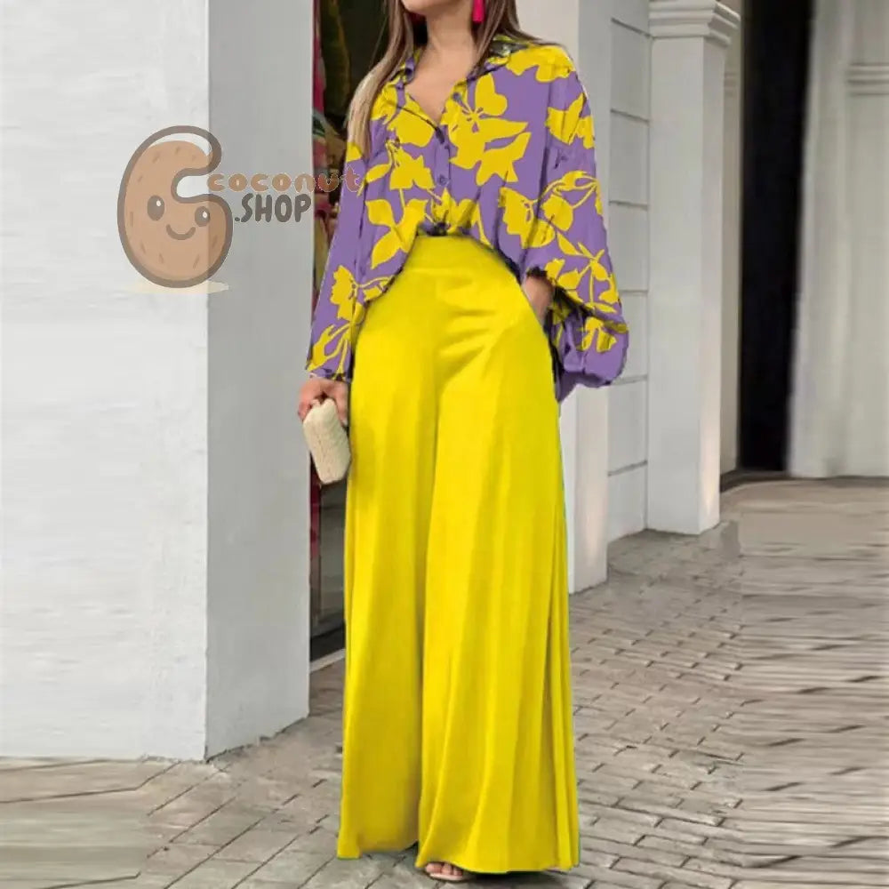Elegant wide leg pants printed shirt casual set - Yellow / S
