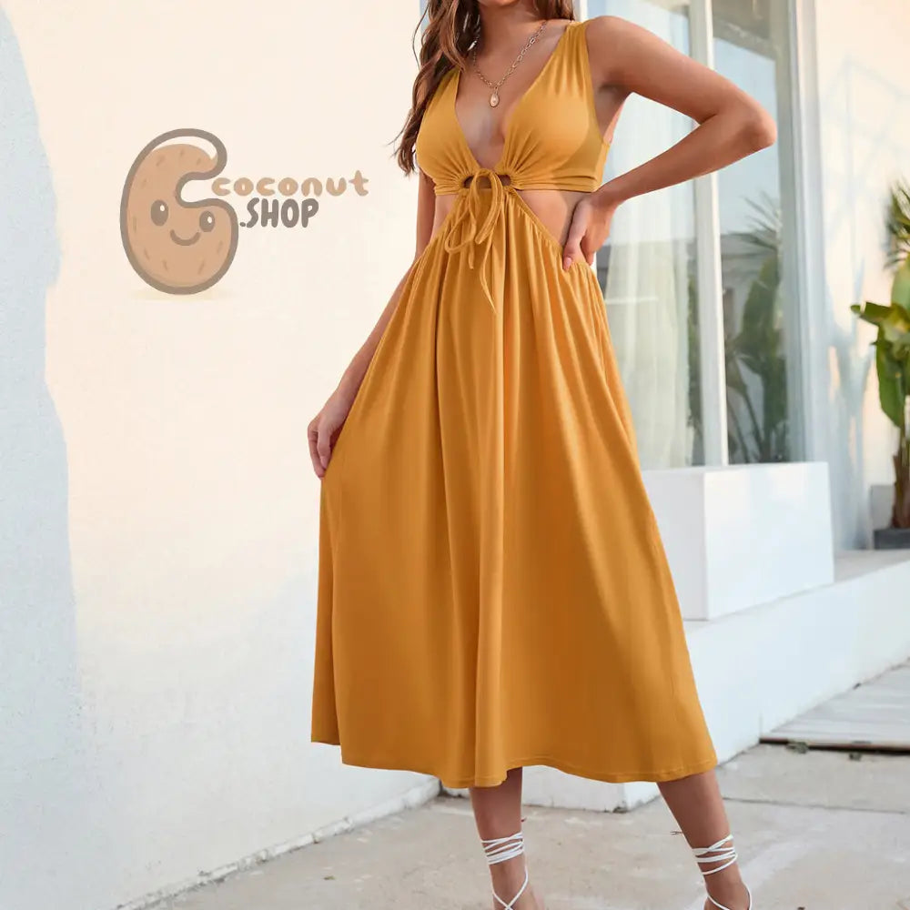 Enchanting Elegance: Unveil Allure with our V Neck Lace Up Swing Dress - Yellow / S