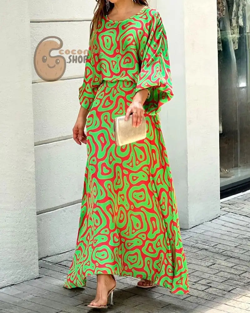 Enchanting Long Sleeve Top & High-Waisted Skirt Set - #1 Grass Green + Red / S