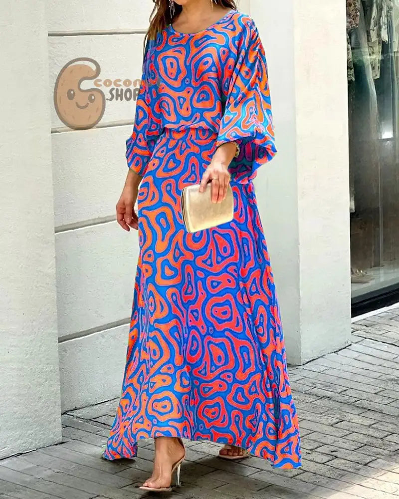 Enchanting Long Sleeve Top & High-Waisted Skirt Set - #2 Blue + Red / S