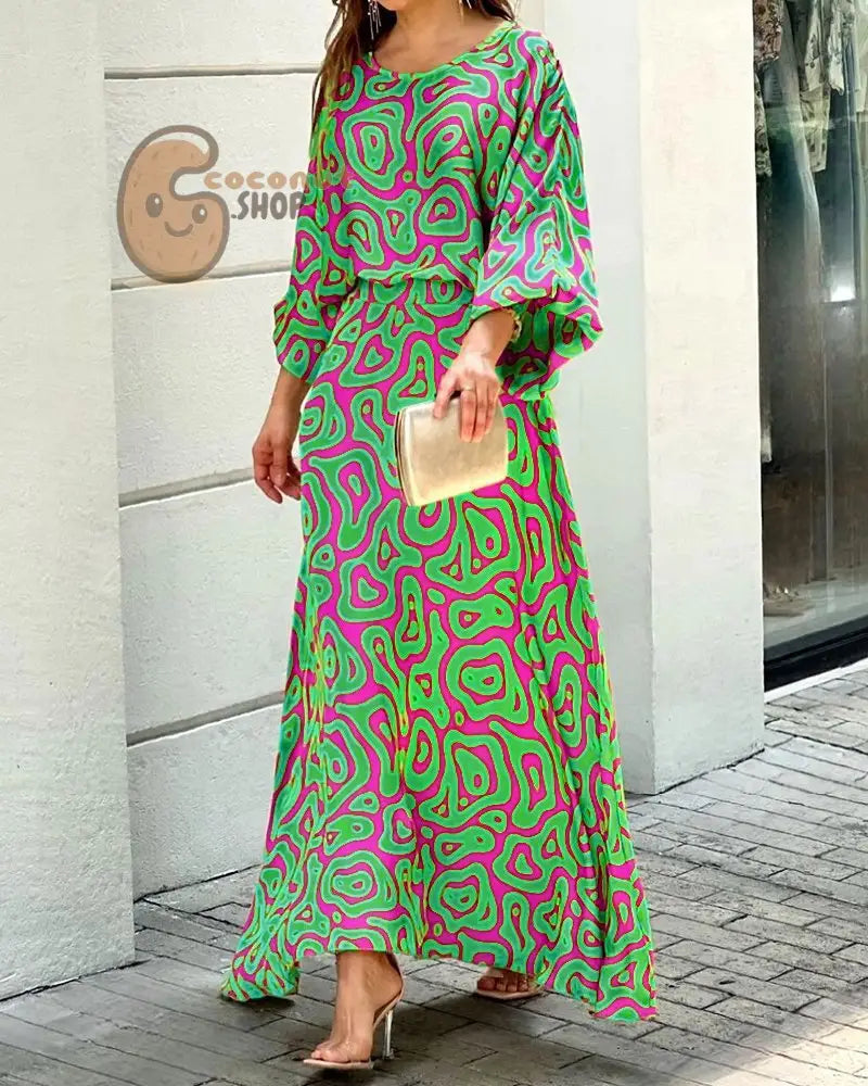 Enchanting Long Sleeve Top & High-Waisted Skirt Set - #3 Army Green + Purple / S