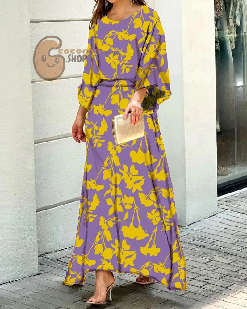 Enchanting Long Sleeve Top & High-Waisted Skirt Set - #5 Purple + Yellow Flowers / S