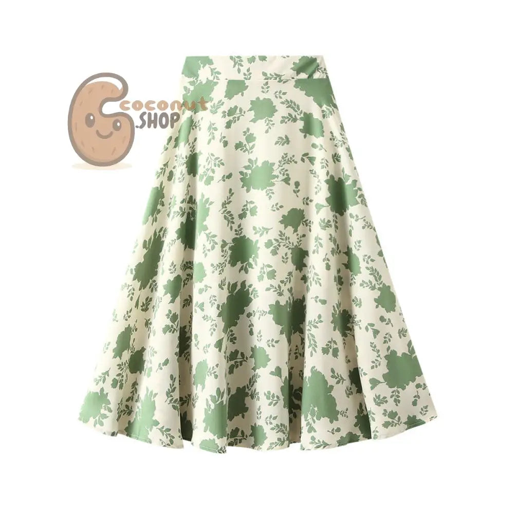 French Retro Floral A-Line skirt: Green Large Flowers